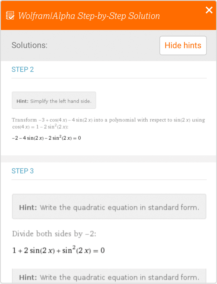 Equation solving solution with individual steps
